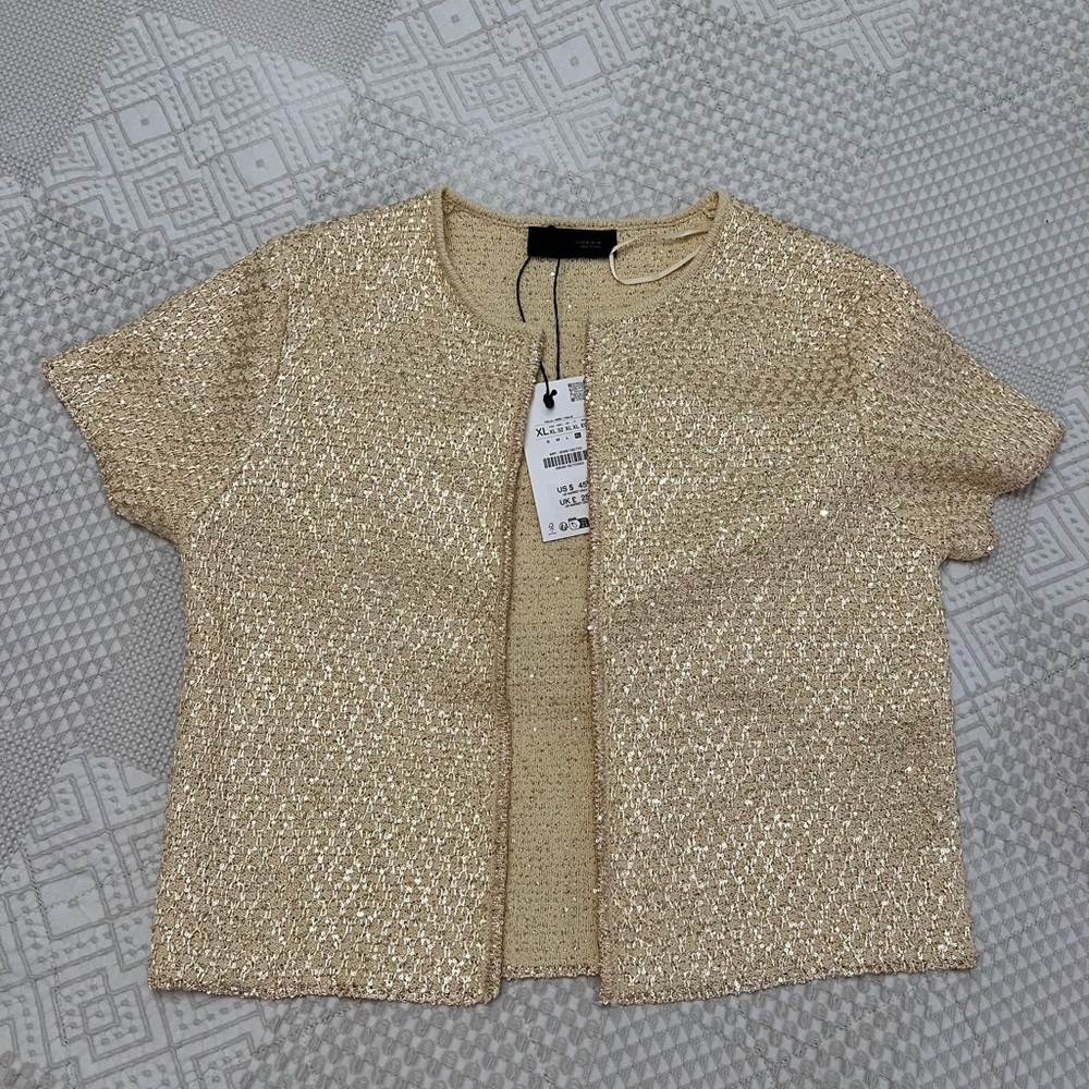 Zara Metallic Gold Short-Sleeve Open Cardigan size XL